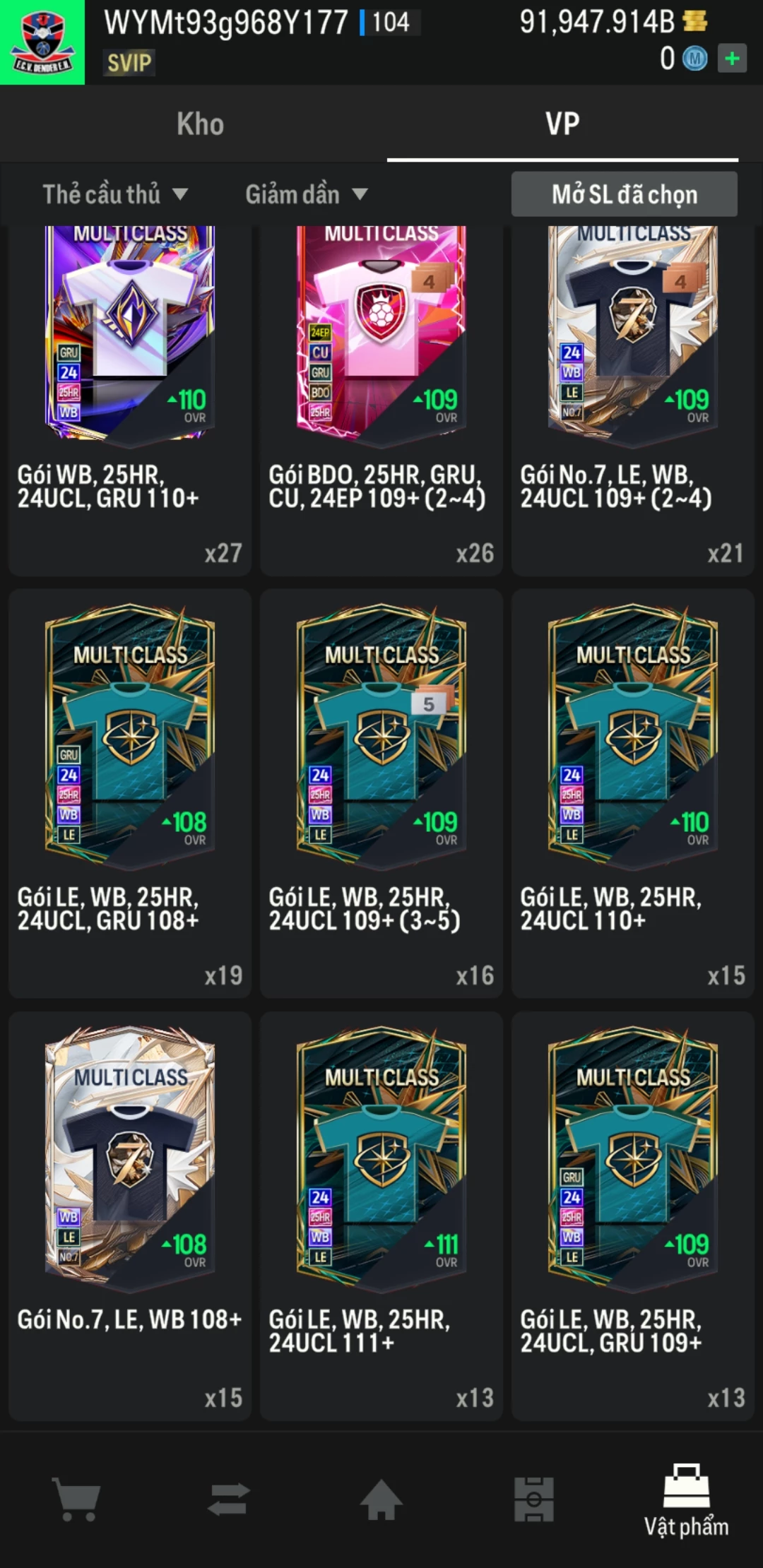 Ảnh ACC mở thẻ (LOẠI SUPER VIP) bao gồm có hơn 900+ đến 1100+ thẻ cầu thủ từ Siêu sao đến Miền núi các loại (ngẫu nhiên có: 01 thẻ +12 và 03 thẻ PRIME QH, XS, CP...) Acc có sẵn BP trắng từ 80.000 tỷ BP đến 120.000 tỷ BP kèm theo nhiều ngày SVIP